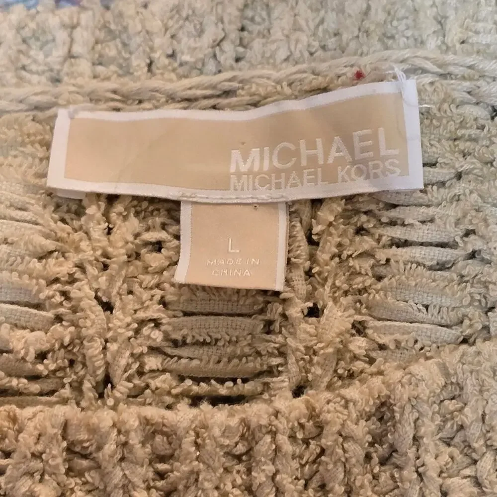 Michael Kors Wheat Beige Open Weave Boho Cozy‎ Pop Over Sweater Size Large